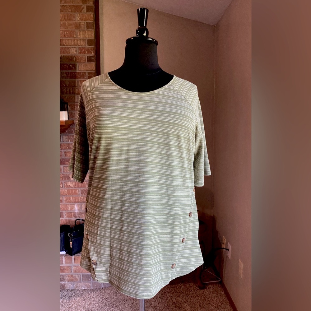 Green and White Striped Short Sleeve Top with Button Detail Size 3X